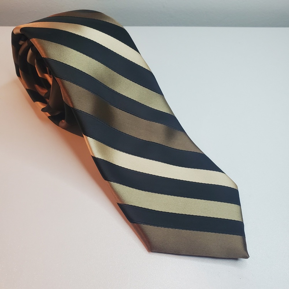 J. Ferrar Mens Striped Necktie Black Bronze Gold Formal Dress Tie